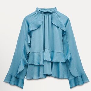 ZARA BLUE RUFFLE BOHO BLOUSE SIZE L